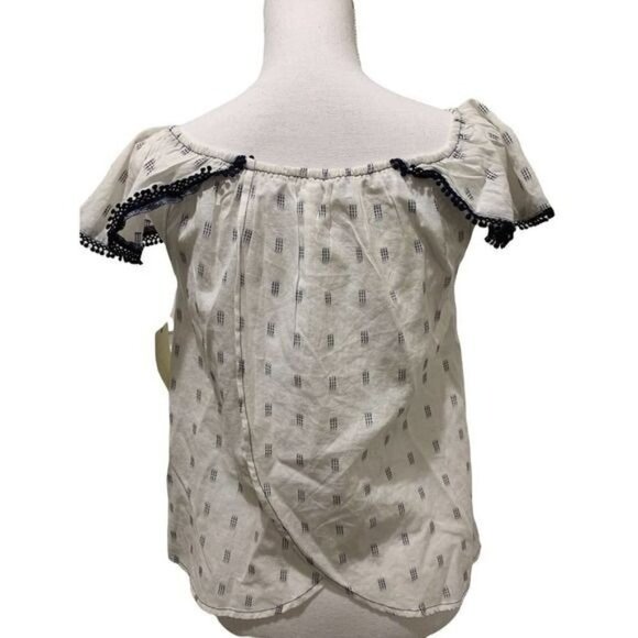 Lucky Brand Womens Top Off The Shoulder Crochet Trim White Navy Size Small NWT - Picture 7 of 12